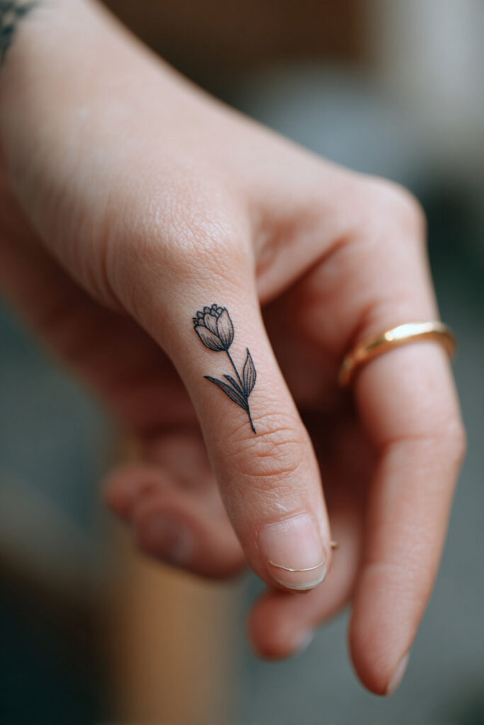 Single tulip silhouette tattoo in minimal fine line style.