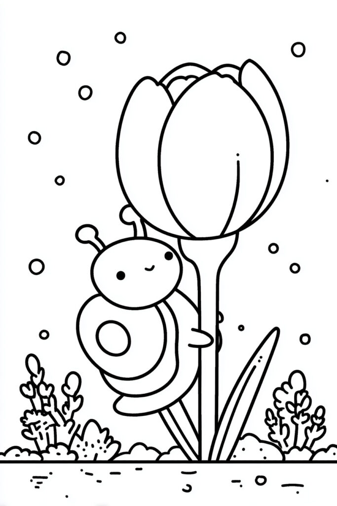 Spring animal coloring page featuring a snail climbing a crocus flower, printable nature-themed coloring sheet.