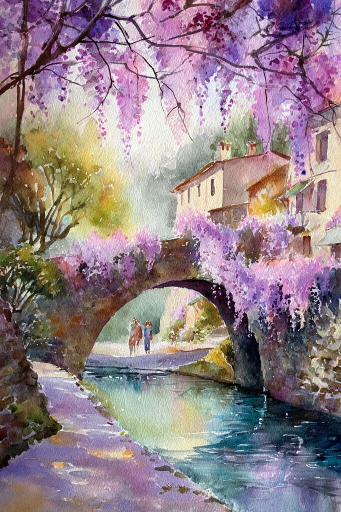 Cozy spring village watercolor painting of glowing cottage windows emerging through delicate morning mist, blossom trees fading softly into golden light.