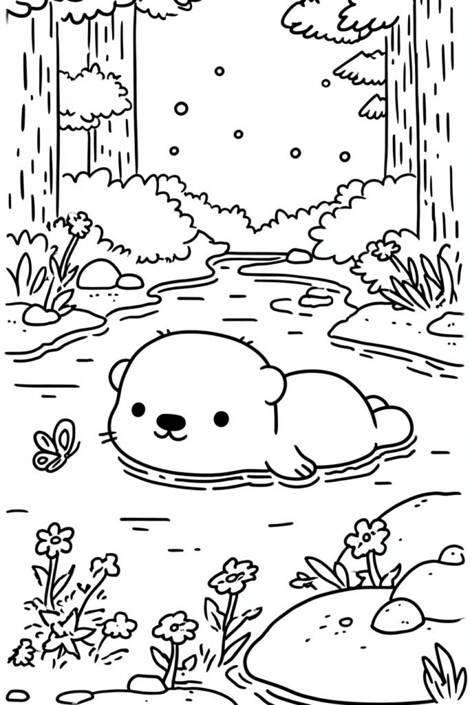 Adorable spring animal coloring page of an otter cleaning a shiny river stone in a stream.