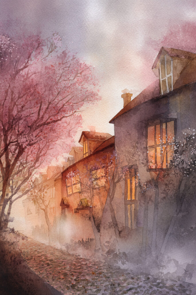 Cozy spring village watercolor painting of glowing cottage windows emerging through delicate morning mist, blossom trees fading softly into golden light.