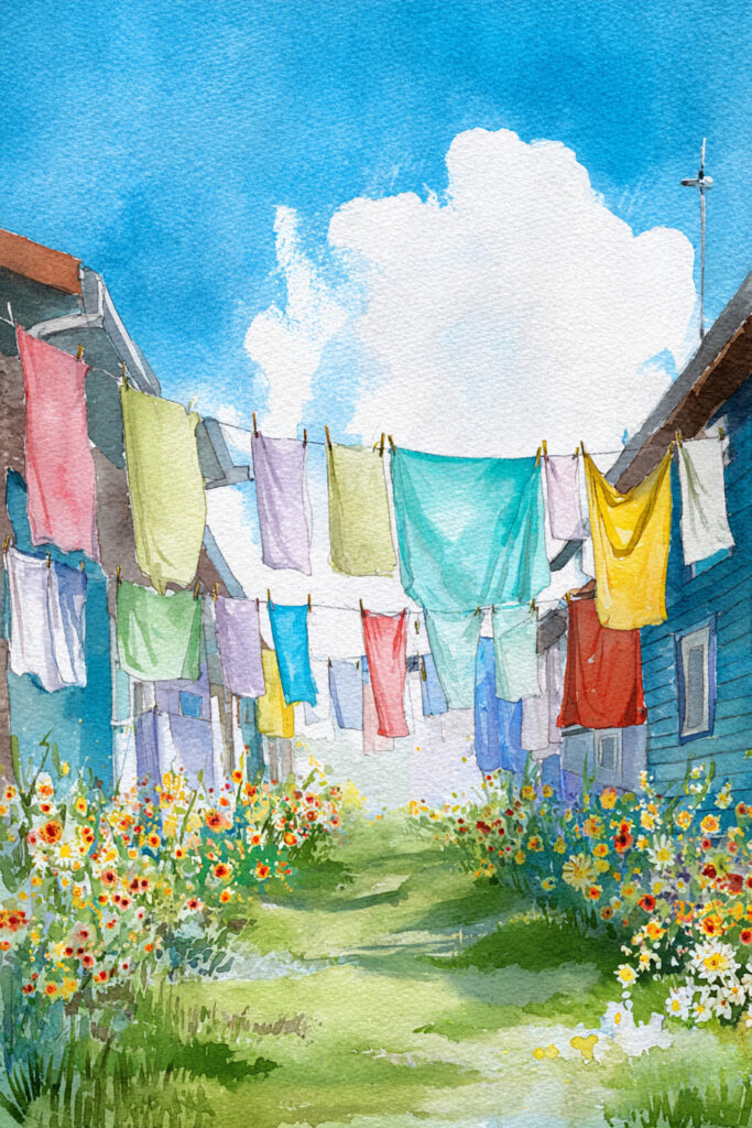 Cozy spring village watercolor painting of colorful laundry billowing between cottages above flower-bordered gardens and bright blue spring skies.