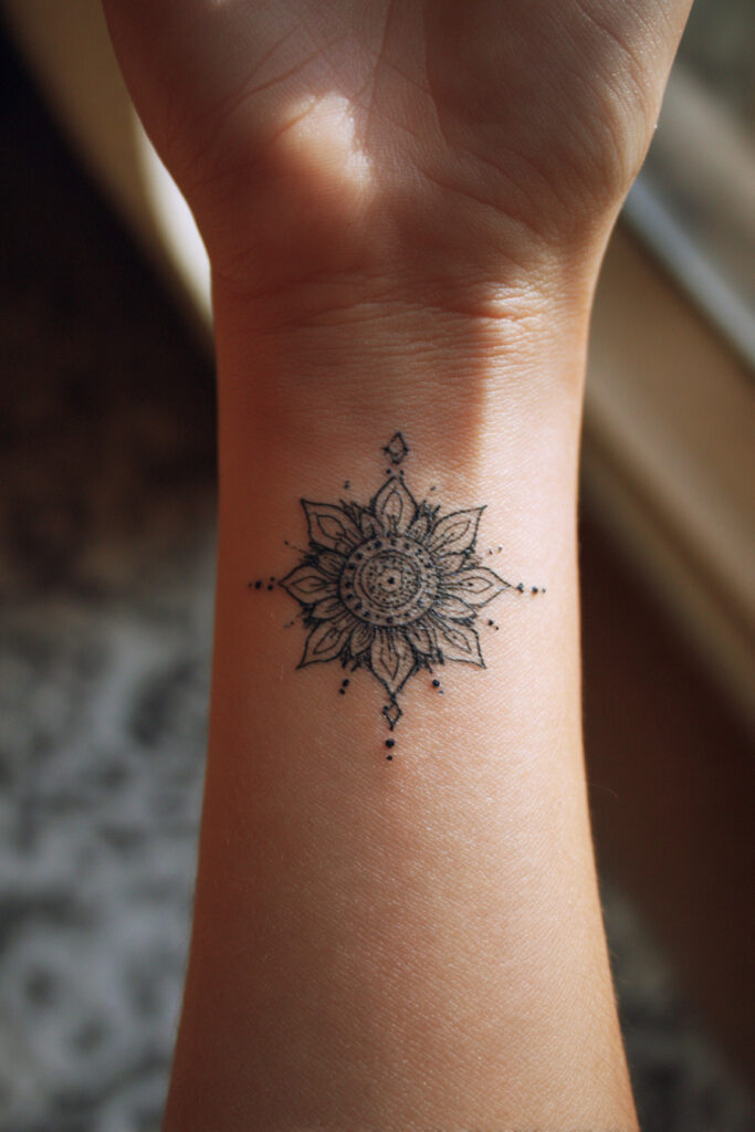 Minimal sunflower seed spiral tattoo design in fine line style.