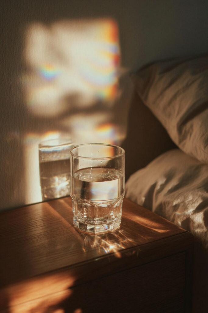 Sunlit glass on bedside table minimalist photography idea.