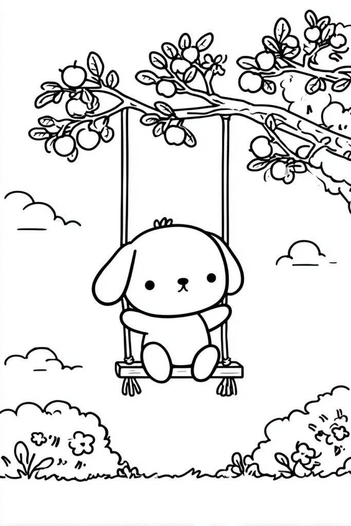 Cute spring animal coloring page of a puppy on a rope swing tied to a blooming apple tree branch.