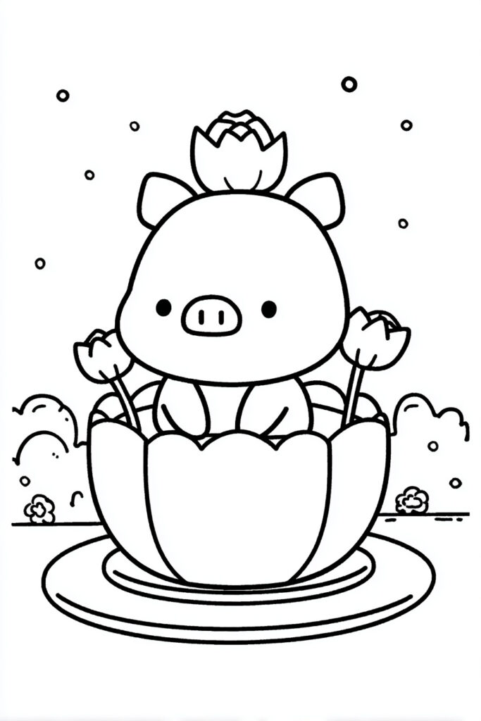 Cute spring animal coloring page of a round piglet sitting inside a giant tulip petal bathtub, simple thick outline style perfect for calm creativity.
