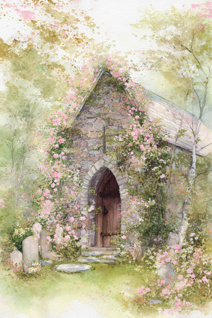 Pastel village landscape watercolor of a tiny stone chapel surrounded by wildflowers and climbing roses in a peaceful spring garden setting.