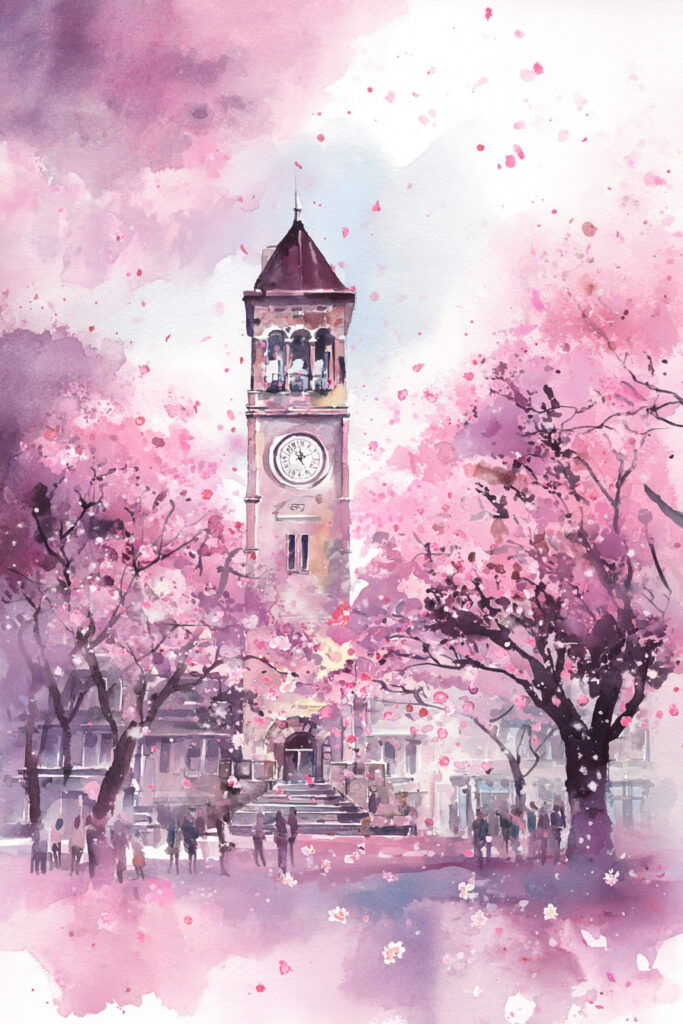 Cozy spring village watercolor painting of a clock tower framed by pink and white blossoms, overlooking a lively village square in gentle morning light.