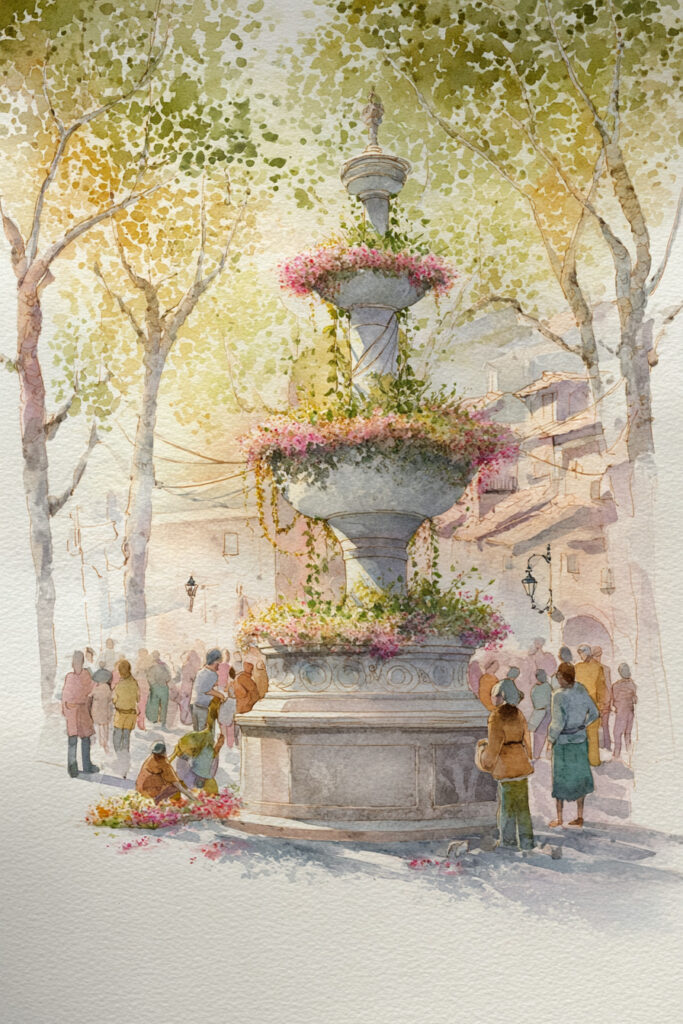 Cozy spring village watercolor painting of an ancient fountain decorated with fresh flower garlands during a joyful spring celebration.