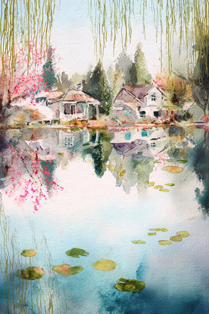 Pastel village landscape watercolor capturing a tranquil pond reflecting blooming trees, cottages, and willow branches under warm afternoon light.
