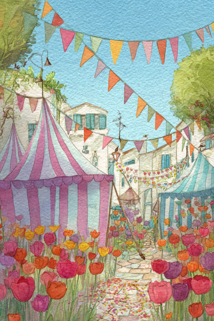 Cozy spring village watercolor painting of a vibrant tulip festival in a village square filled with striped tents, drifting petals, and cheerful bunting above cobblestones.