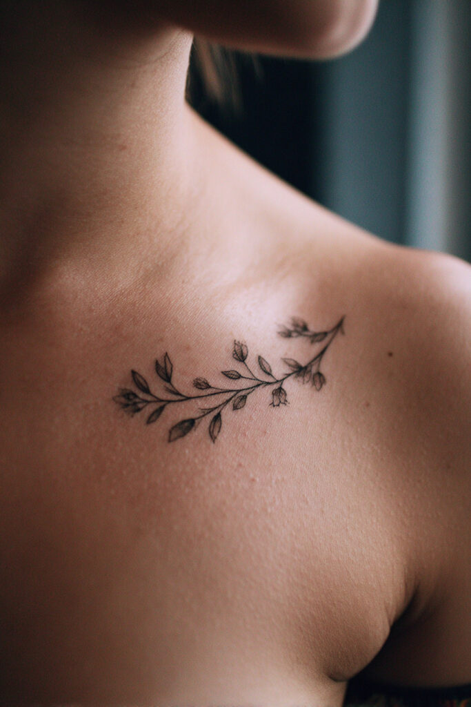Wild rose hip branch tattoo in delicate botanical linework.