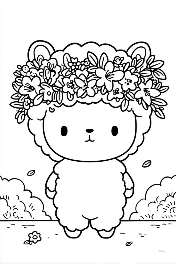 Cute spring animal coloring page of a fluffy alpaca wearing a wreath of ivy and lilies.m