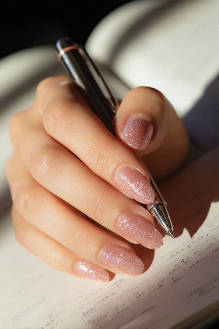 23. Dusty Rose Jelly Nails with Fine Crystal Dust