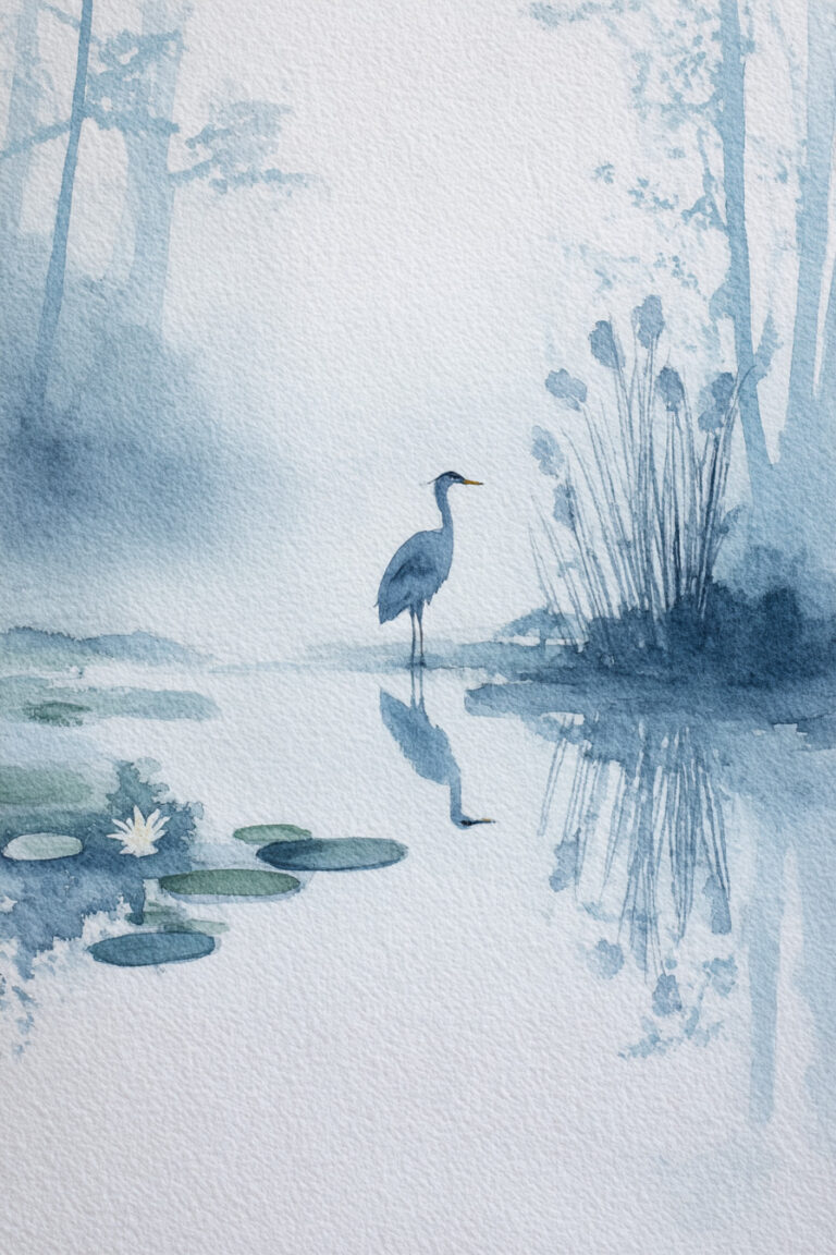 4. Heron by a Fog-Wrapped Pond