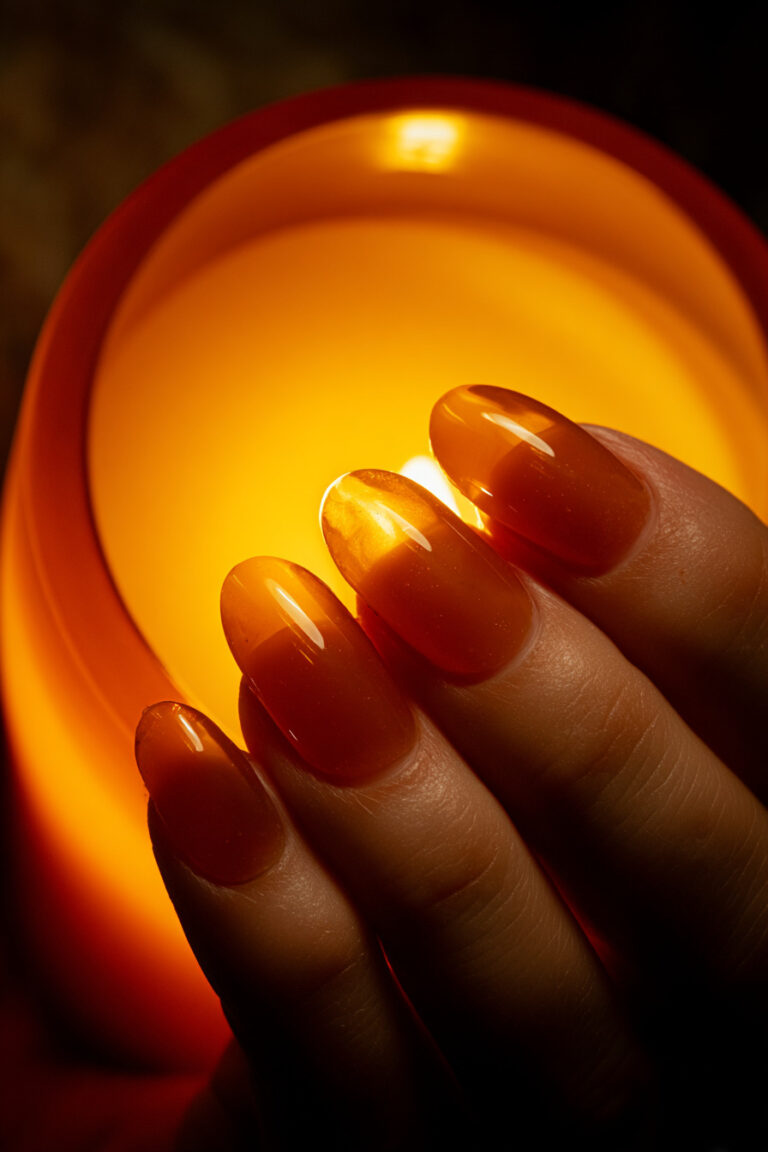 19. Honey Amber Jelly Nails with Warm Glow