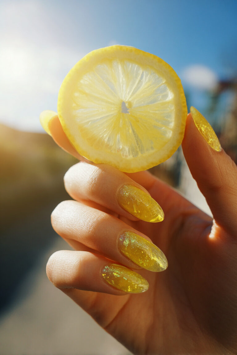 11. Lemon Yellow Jelly Nails with Citrus Slice Foil