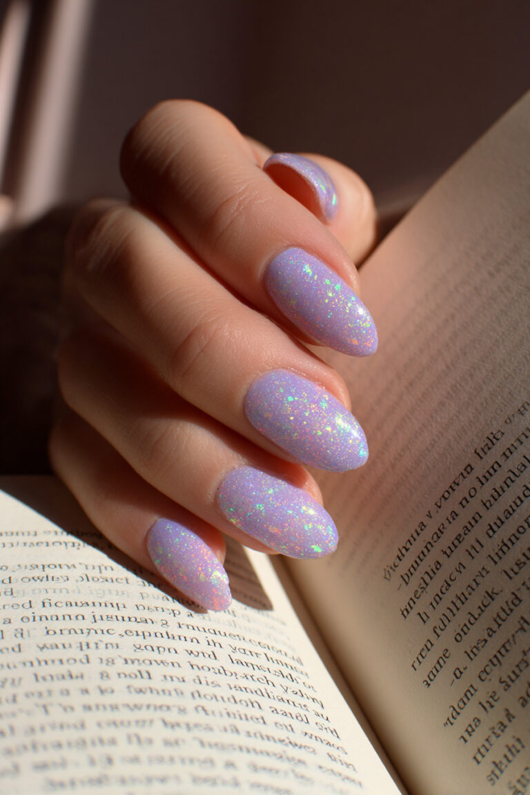 8. Lilac Jelly Nails with Iridescent Flakes