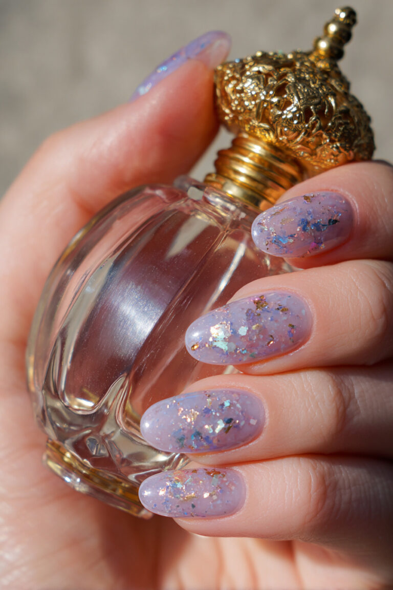 24. Mauve Jelly Nails with Scattered Opal Flakes