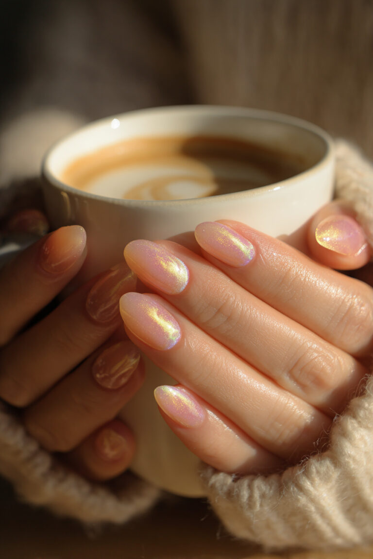 12. Peach Jelly Nails with Aurora Shimmer