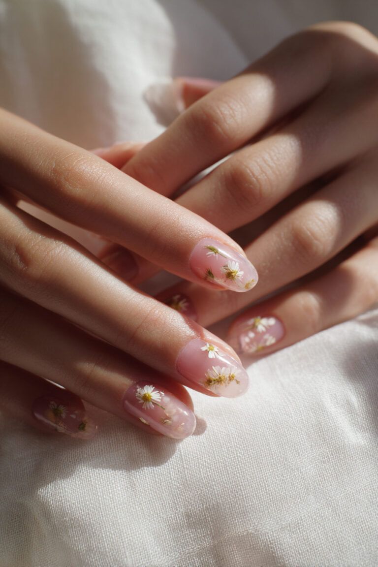 1. Soft Pink Jelly Nails with Pressed Flowers