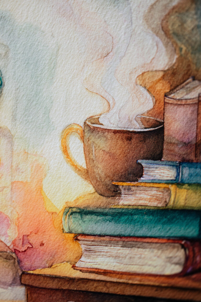 Steaming Mug by Bookshelf