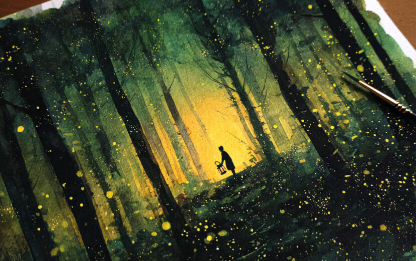 30 Woodland Watercolor Paintings So Dreamy You'll Want to Live Inside Them emthehuman1_paintbrush_next_to_a_handmade_watercolor_illustrati_5acdf415-8667-44c6-8cc3-065ac249ef21