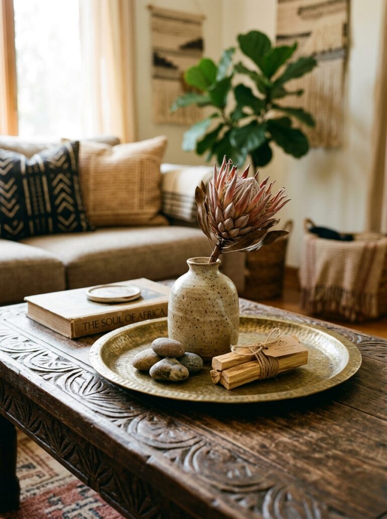 7. Carved Wooden Coffee Table Vignette