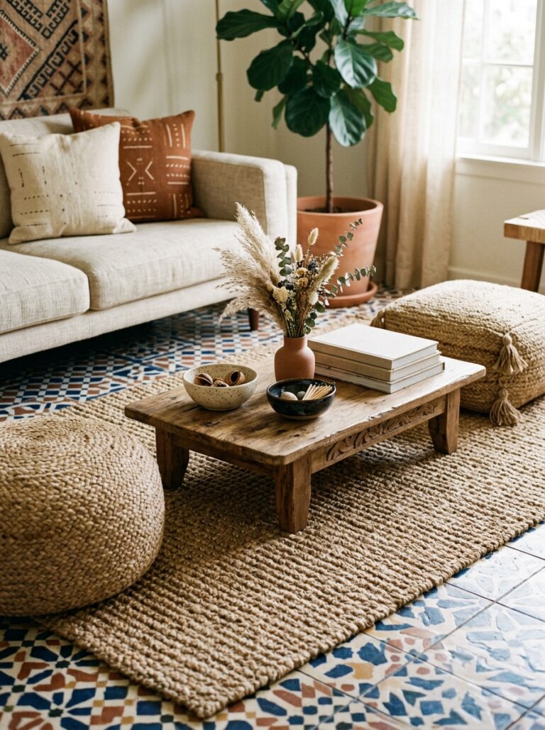 5. Jute Rug Layered Over Moroccan Tile