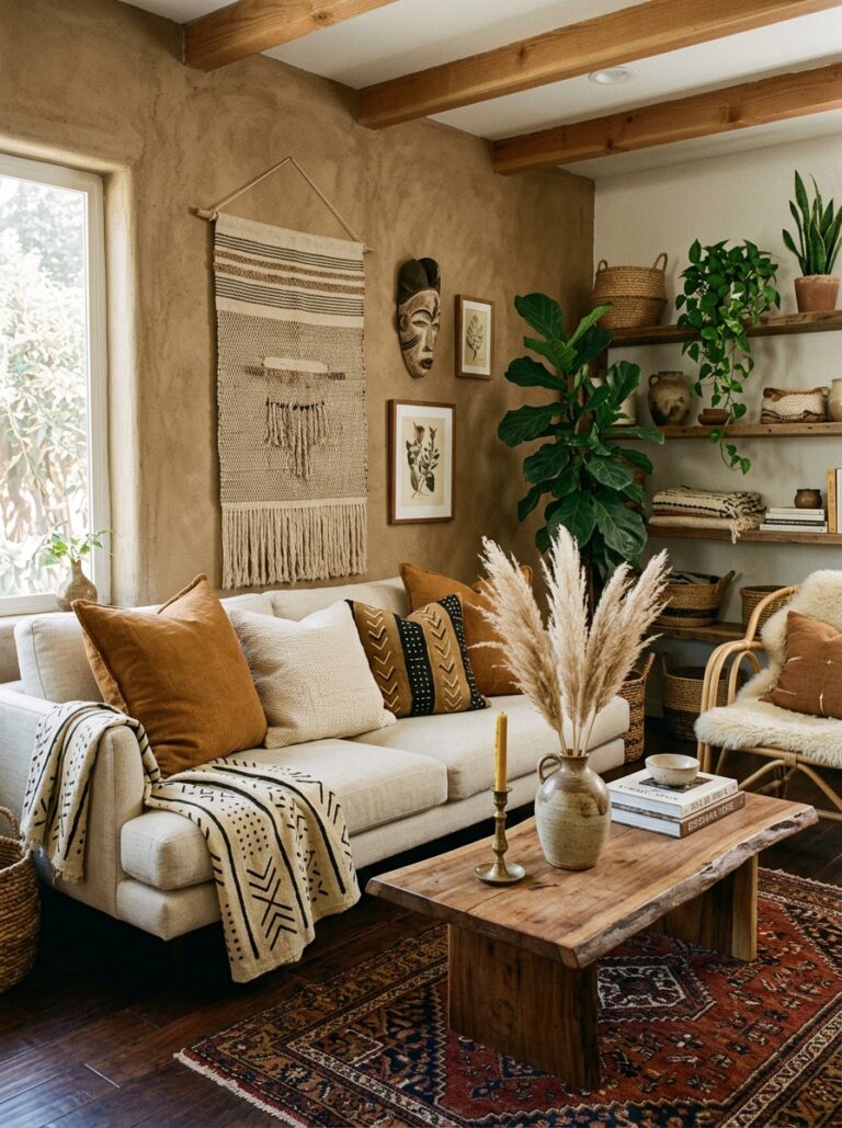 2. Low Linen Sofa with Mudcloth Throw