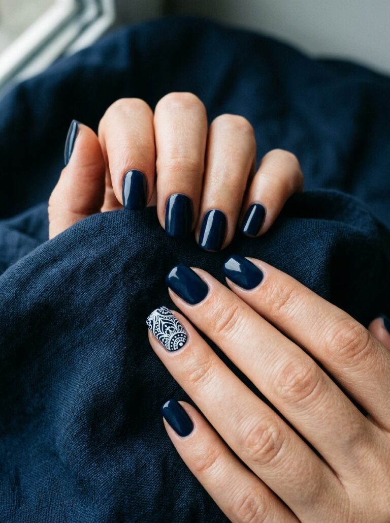 6. Midnight Navy Lace Accent Nail