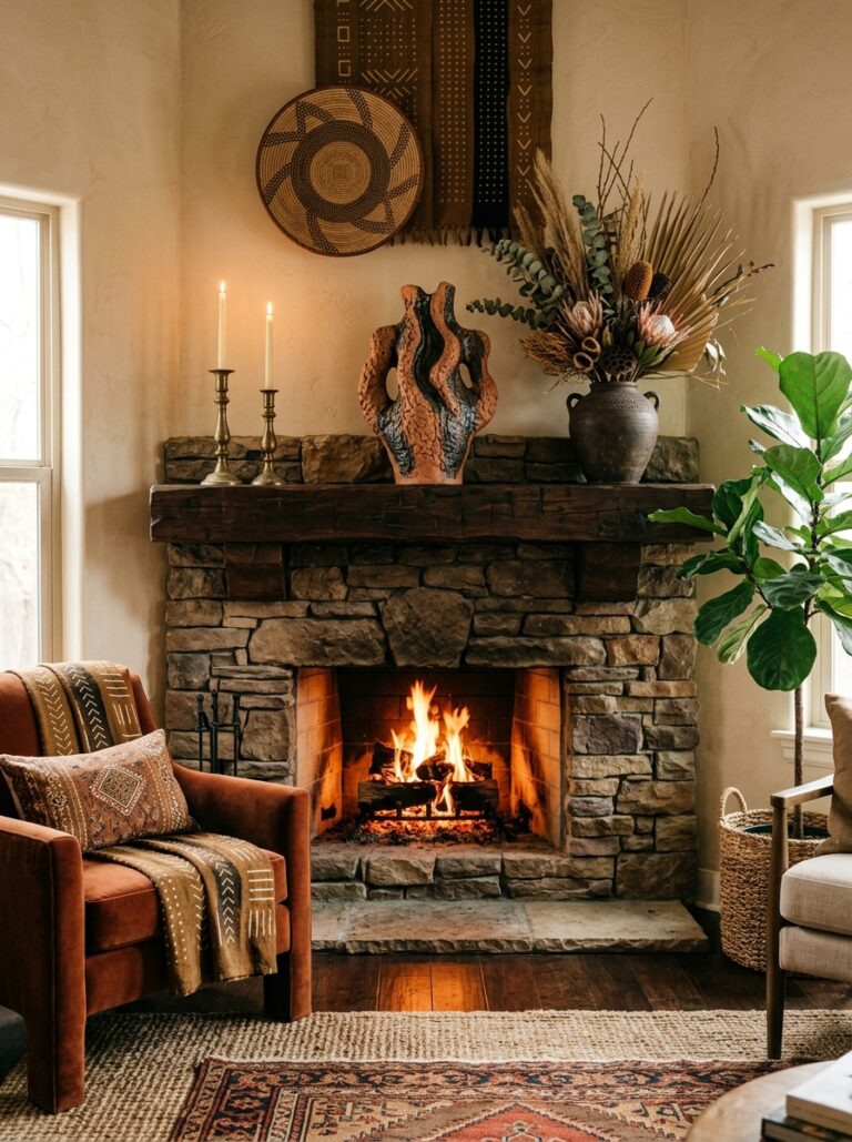 16. Natural Stone and Brass Fireplace
