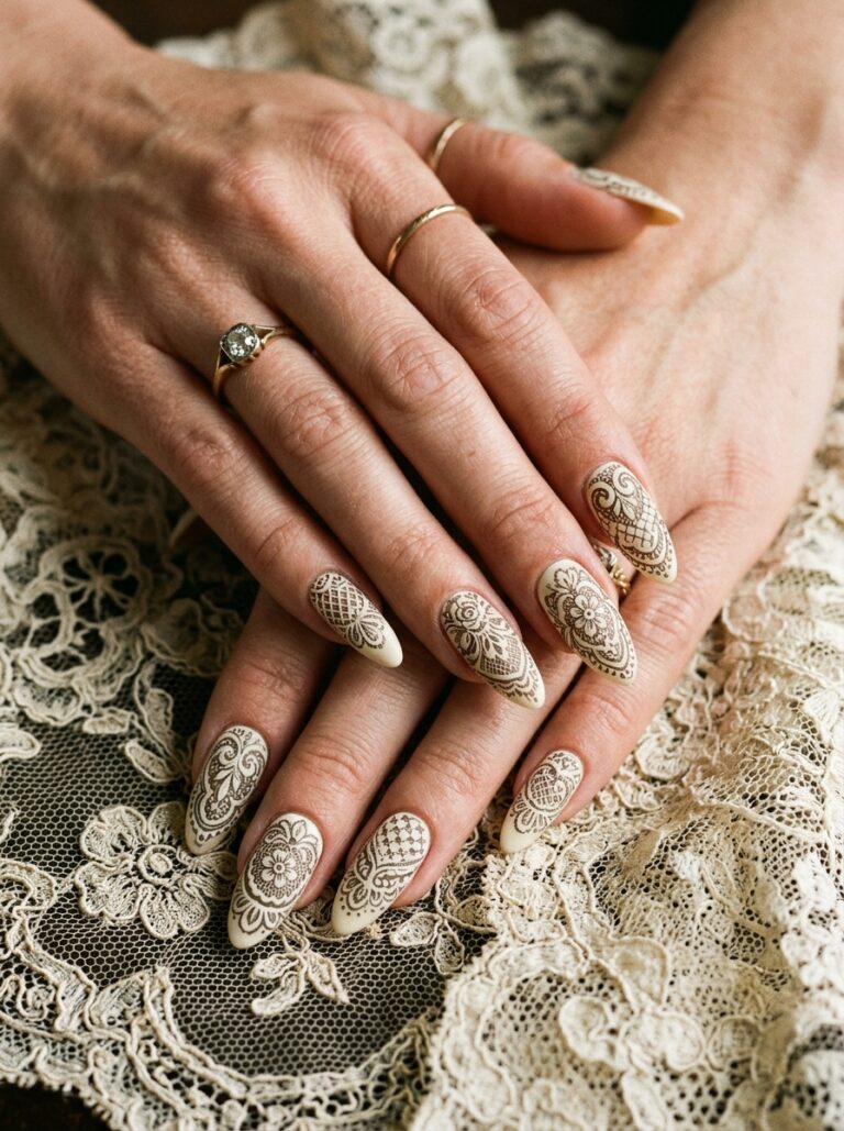 14. Victorian Lace Long Almond Nails