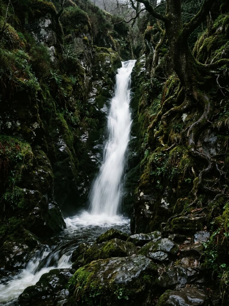 10. Waterfall Through Dark Woodland