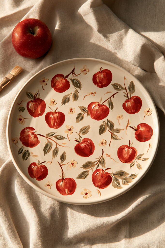 White ceramic plate painted with red apples, green leaves, and tiny blossoms