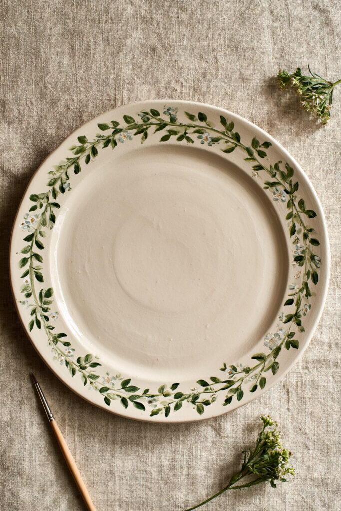 White ceramic plate painted with a green botanical vine around the rim