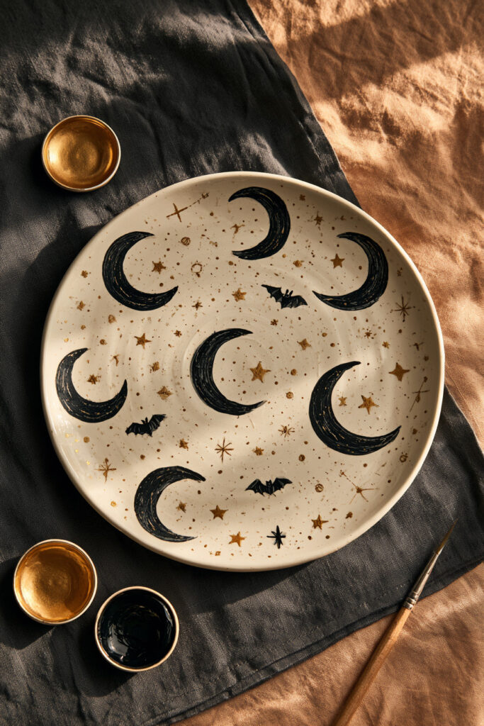 Navy ceramic plate painted with crescent moons, stars, and tiny bats