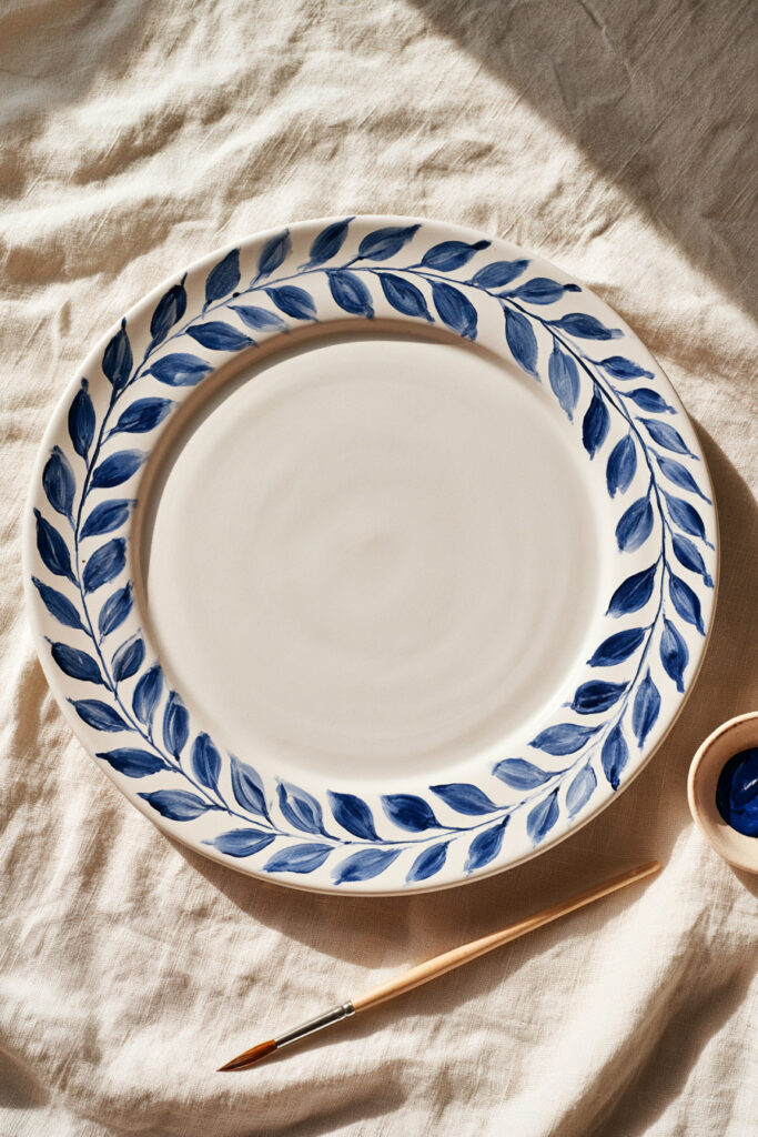White ceramic plate painted with cobalt blue leaves arranged around the rim