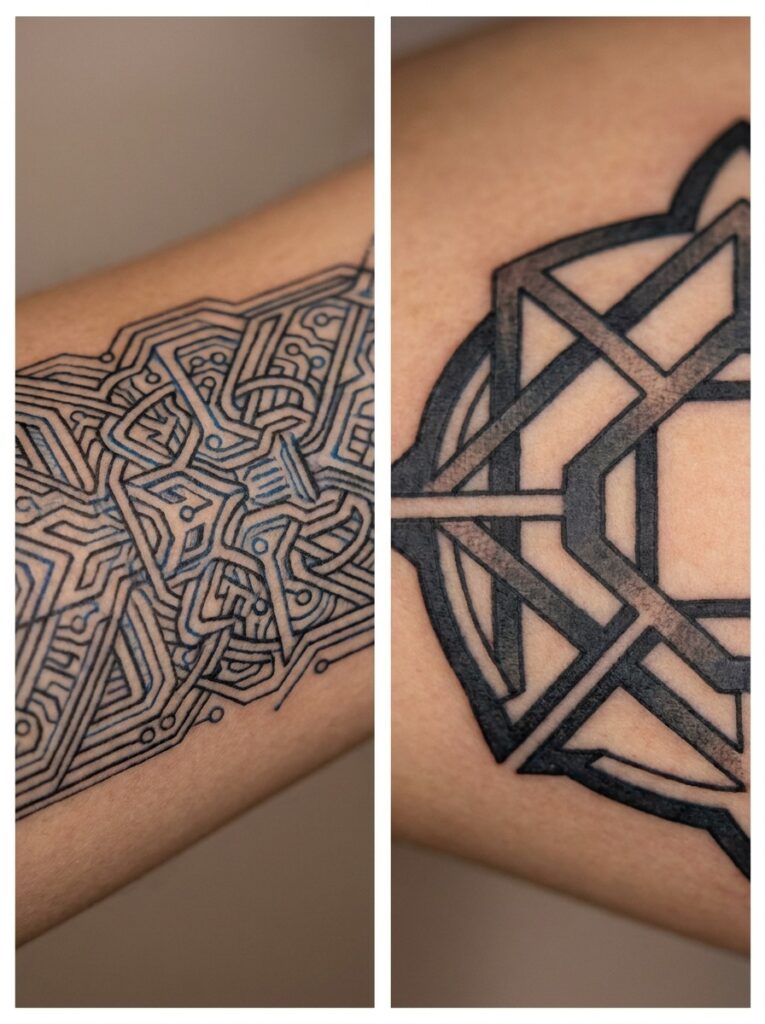 cybersigilism tattoo line spacing and aging comparison