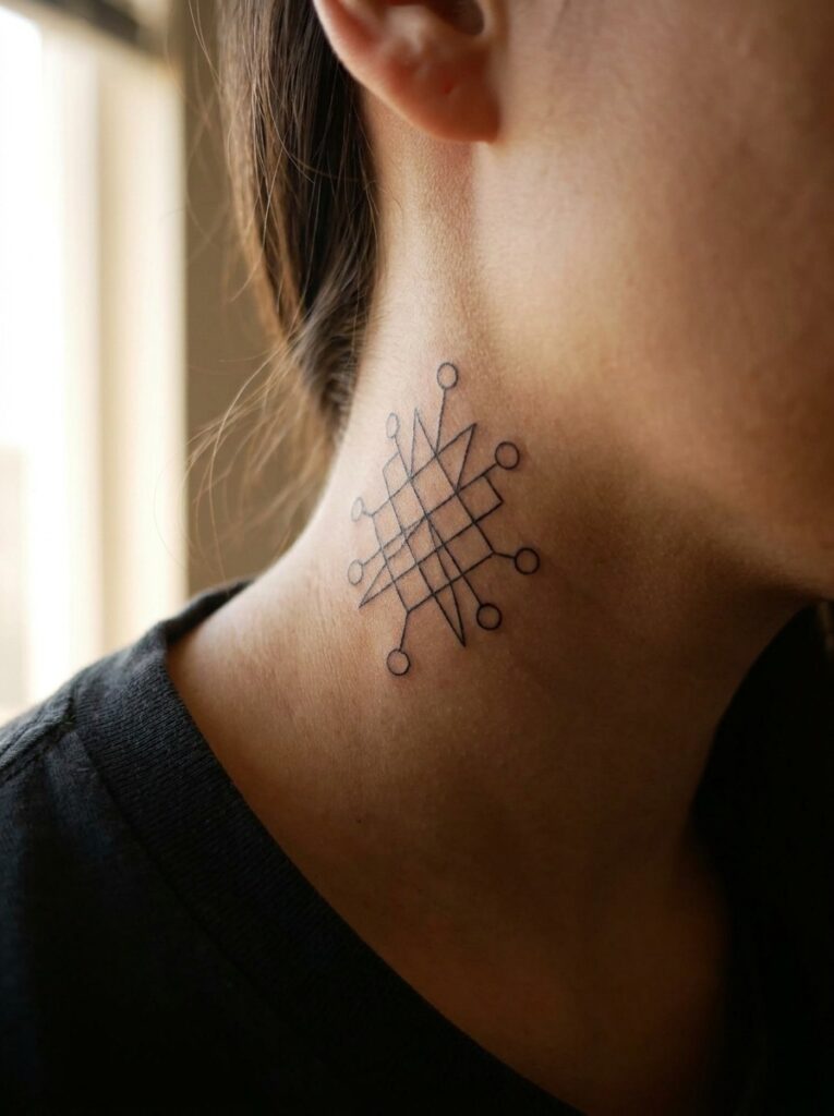 small cybersigilism neck tattoo