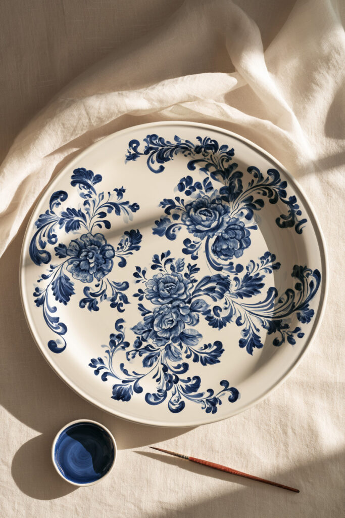 White ceramic plate painted with a cobalt blue Delft-inspired floral pattern