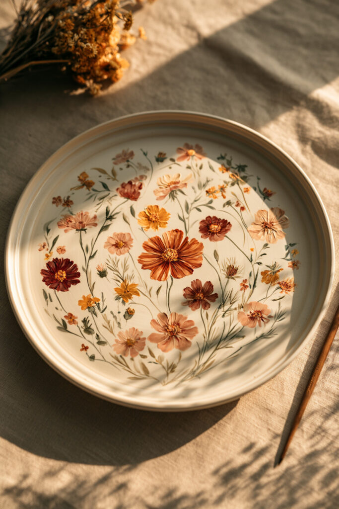 Cream ceramic plate painted with mustard, rust, burgundy, and cream fall wildflowers