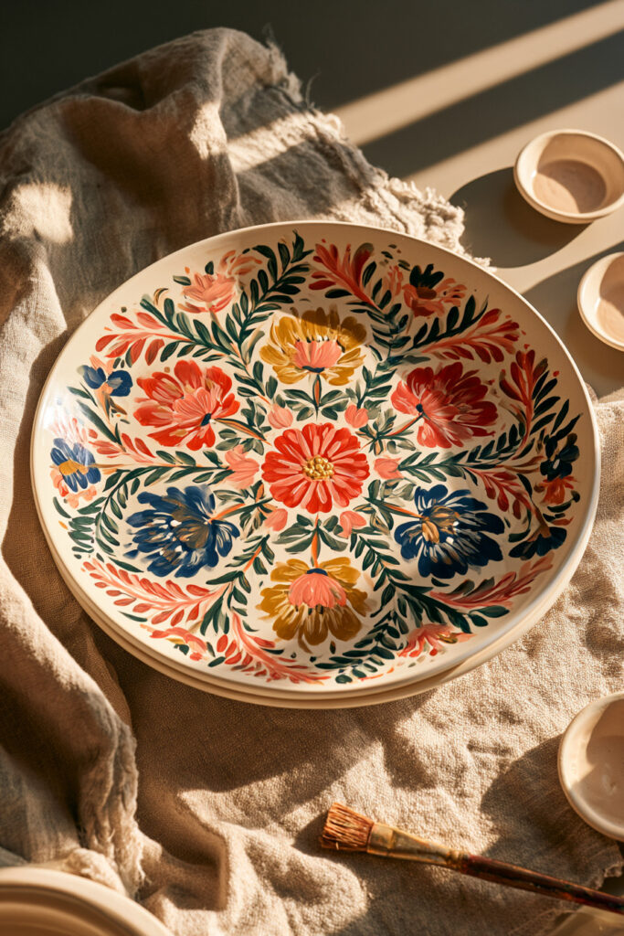  White ceramic plate painted with symmetrical red, blue, and yellow folk-art flowers