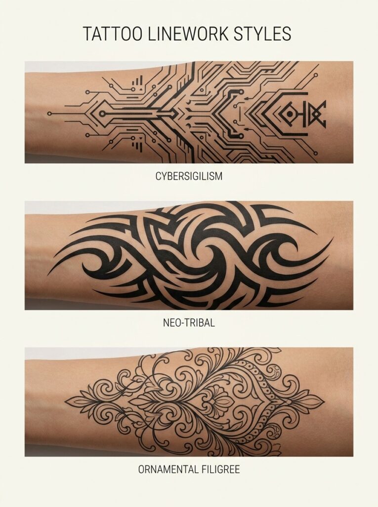 comparison of cybersigilism, neo-tribal, and ornamental tattoo styles