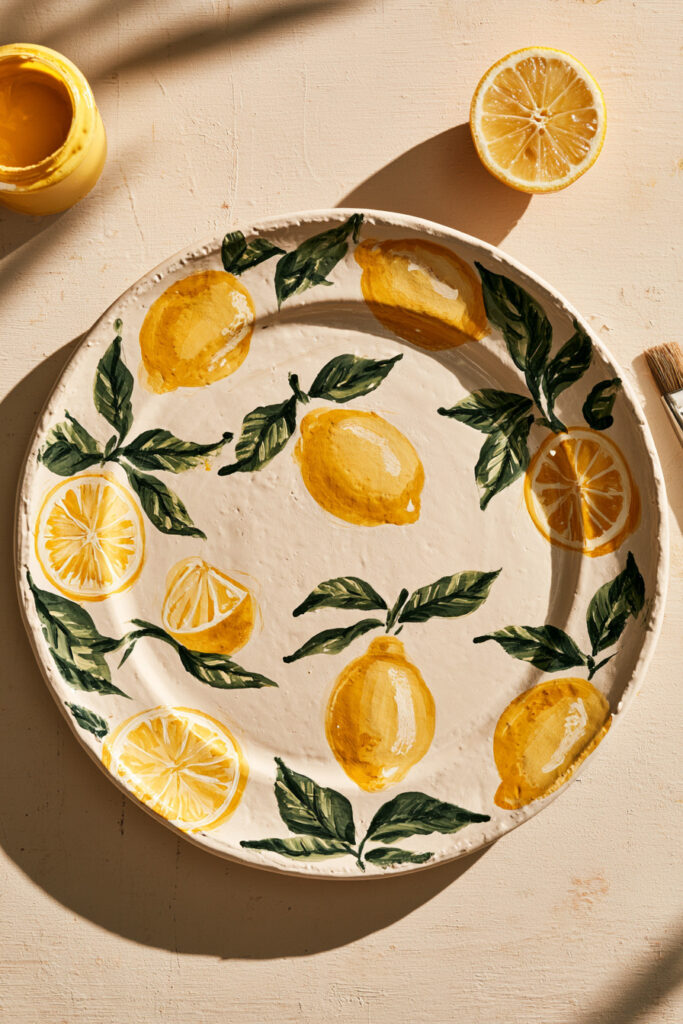 White ceramic plate painted with yellow lemons and green leaves around the rim