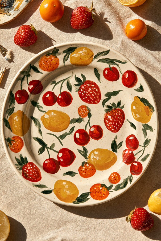 White ceramic plate painted with a colorful mixed fruit pattern