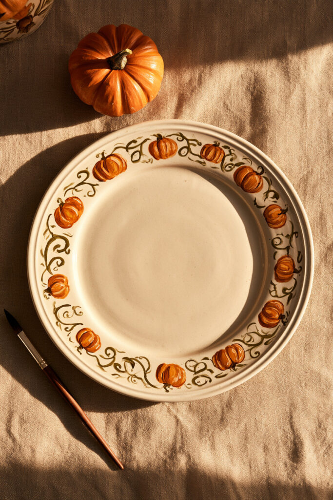 Cream ceramic plate painted with small orange pumpkins connected by green vines around the rim
