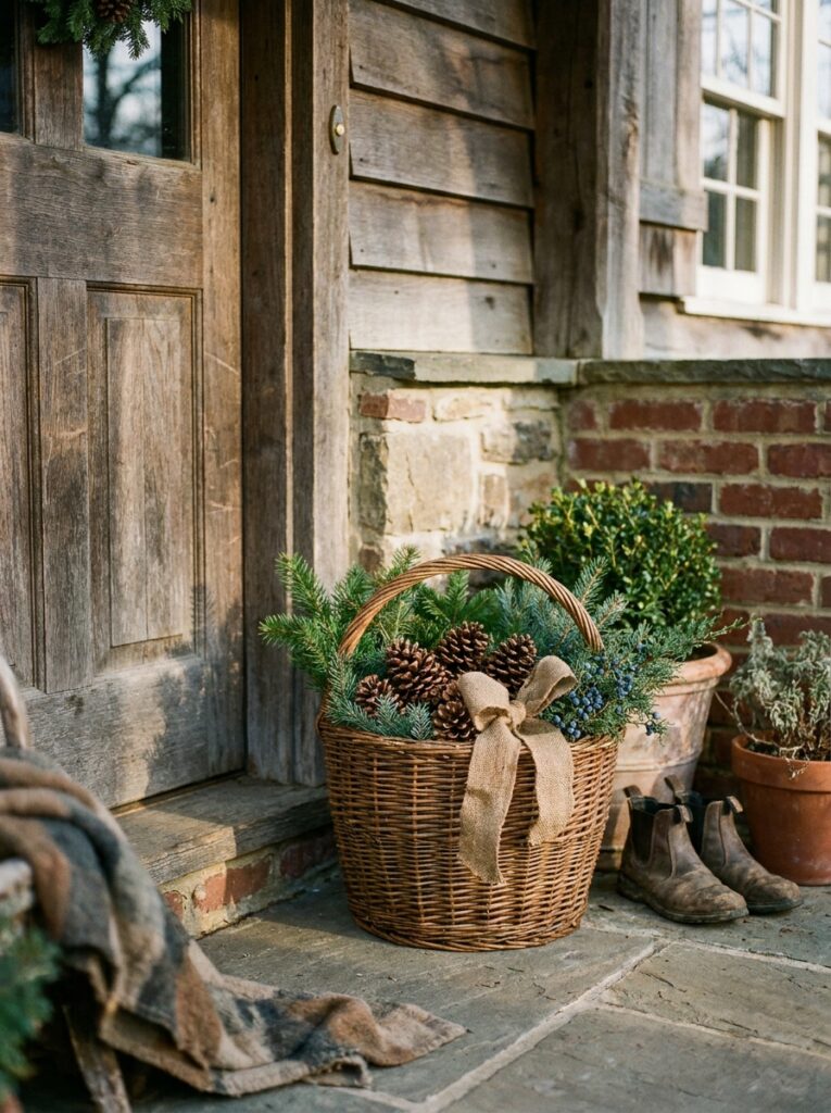diy holiday decorations  Front porch pinecone basket