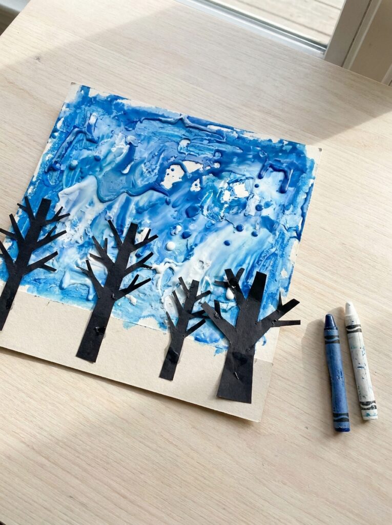 Seasonal Craft Ideas for Kids -Melted Crayon Winter Tree Art