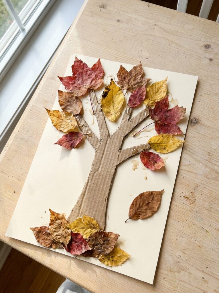 Seasonal Craft Ideas for Kids- Cardboard Tree with Fall Leaves
